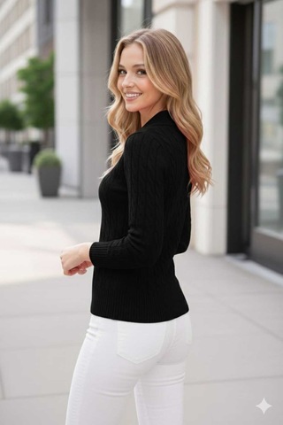 Youknitwear You Riviera %100 Pamuk Polo Yaka Kadın Kazak Siyah