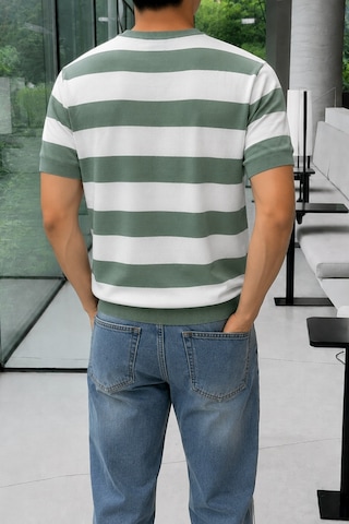 Tarz Cool Erkek Çizgili Triko Tişört Bisiklet Yaka Slim Fit Yazlık İnce Dokulu Yeşil
