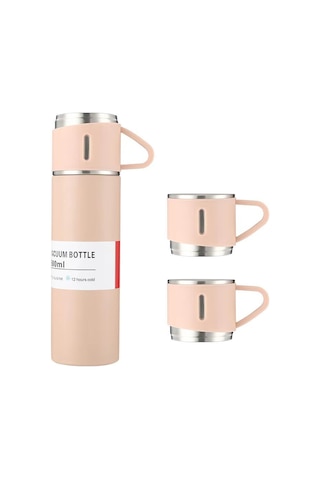 Moveevo 304 Çelik Termos Bardak 500ml - 12 Saat Isı Saklama, Sızıntı Engeli, 3 Kapağı Var, Ev/outdoor/ulaşım İçin, Pembe Hediyelik Kutulu Set Pembe