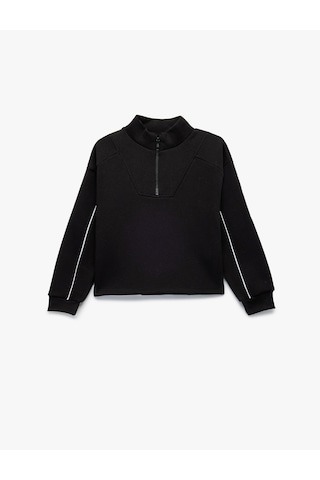Koton Şardonlu Uzun Kollu Dik Yaka Yarım Fermuarlı Sweatshirt Siyah 6wkg10110ak Siyah