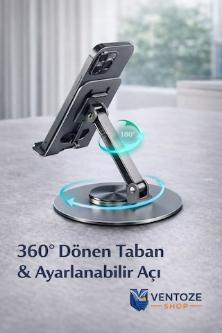 360 Dönebilir Alüminyum Masaüstü Telefon Tablet Standı Full Metal Katlanabilir Ergonomik Tutucu Koyu Metal
