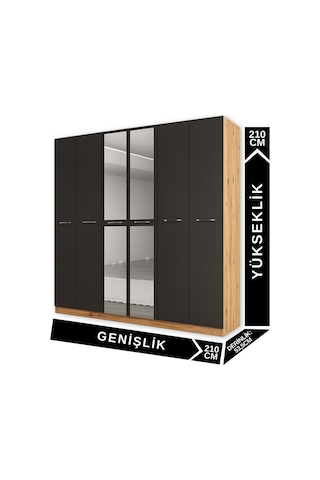 Aeka Ae-2191 Hisar Aynalı 6 Kapaklı Çok Bölmeli Askılı Ve Raflı Geniş Hacimli Gardırop 210x210 Cm Atlantik Çam - Antrasit