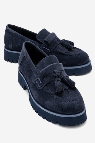 Luvishoes Luvi Shoes Poen Lacivert Süet Hakiki Deri Püsküllü Kadın Loafer Ayakkabı Lacivert