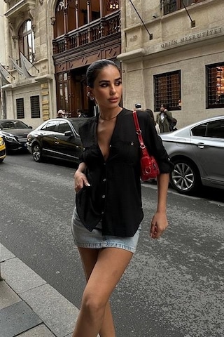 Poulina Flamlı Keten Gömlek 3257-08 Si Yah