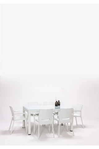 Rattan Camlı Kollu 6 Kişilik Bahçe Masa Takımı-Beyaz