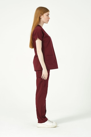 Bordo Likralı Scrubs Kargo Cep Doktor Hemşire Forması Yarasa Kol Takım Unisex