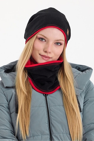Butikgiz Kadın Dış Kısım Polar, İç Kısım Kaşkorse Pamuklu, Çift Renk, Çift Kat, Katlanabilir Bere Boyunluk Set Siyah-kırmızı