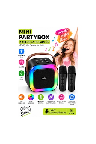 Blic Bls-97 Siyah Partybox Çift Kablosuz Mikrofonlu Rgb Led Işıklı Taşınabilir Bluetooth Hoparlör
