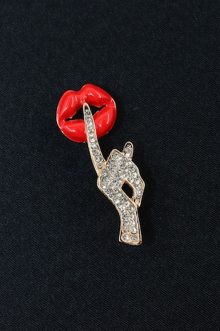 Gold Zirkon Sessiz Ol Broş. Yaka İğnesi Sus Broş. Taşlı Tasarım Dudak Broş. Kadın Broş. Dudak Broş. Gold