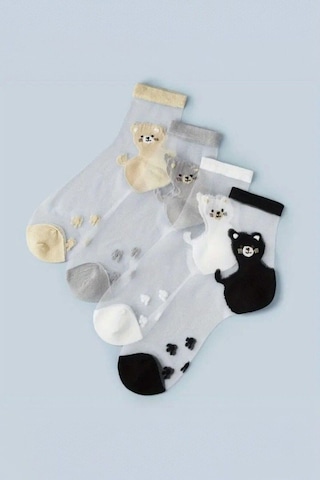 Hitit Socks Kadın 4 Çift Premium Kalite Sevimli Kedi Desenli Tül Çorap Karışık Renkli ASORTİ