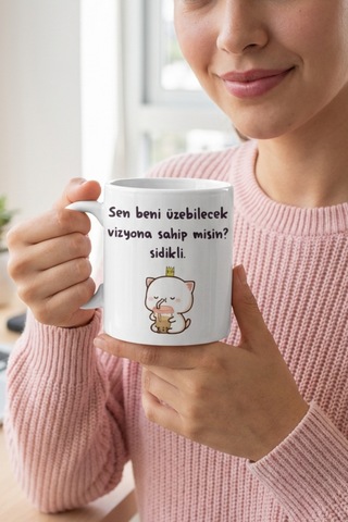 Komik Tasarım Kupa Bardak ''sen Beni Üzebilecek Vizyona Sahip Misin '' Yazılı Seramik Kahve Kupası Beyaz