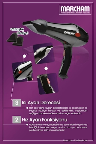 Marcham Profesyonel Fön Makinesi 2 Başlıklı 2400 Watt Siyah