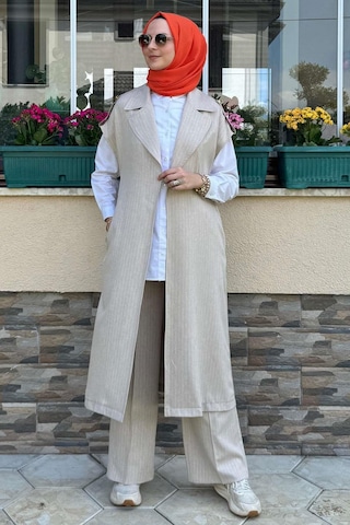 Apoletli Çizgili Takım Bej Çok Renkli