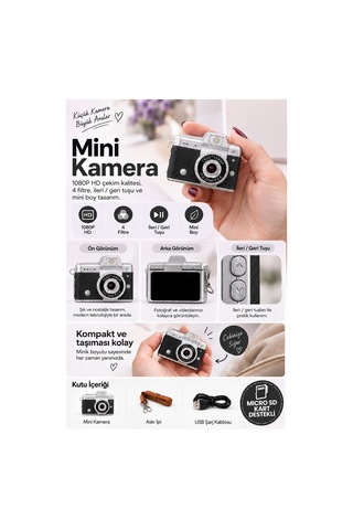 Mimtec Blm-110 Mini Retro Dijital Kamera - Flaşlı Katlanabilir Ekran 1080p Hd Video Selfie Vlog Kamerası Siyah