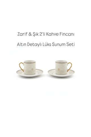 Altın Detaylı 2 Li Kahve Fincanı Seti Lüks Porselen Türk Kahvesi Fincanı-şık Hediye Fincan Takımı Altın - Krem