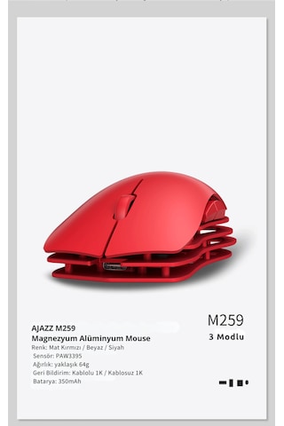 M259 Alüminyum Magnezyum Alaşımlı Oyuncu Mouse, Pixart Paw3395 Optik Sensör, 26000 Dpı 2.4ghz / Usbc Diğer