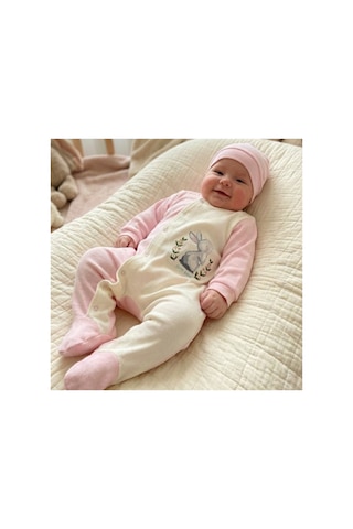 Babysena Tavşan Baskılı Kız Bebek Tulum Takımı Pembe