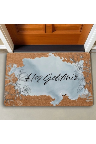 Valerine Life Kara Kalem Gelincik Mavi Renk Hoş Geldiniz Kapı Önü Paspası 45x70cm