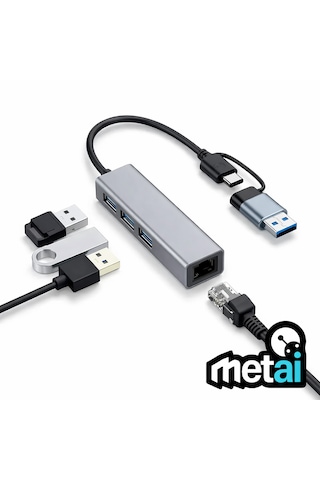 Metai Type-c Hub Adaptör 4in1 3x Usb 3.0 + 1000 Mbps Gigabit Ethernet Rj45 Lan Dönüştürücü
