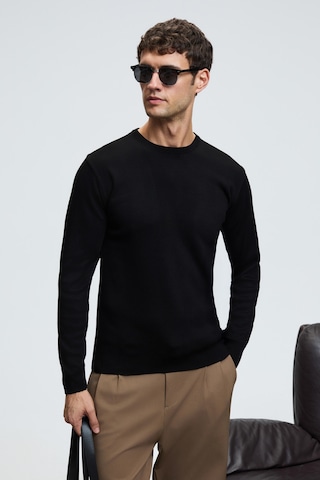 Grimelange Varex Erkek Yuvarlak Yaka Basic Slim Fit Triko Siyah Kazak Siyah