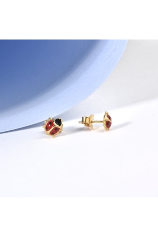 14 Ayar Altın Kaplama Minik Uğur Böceği Çivili Gümüş Küpe - Ee00100 Altın