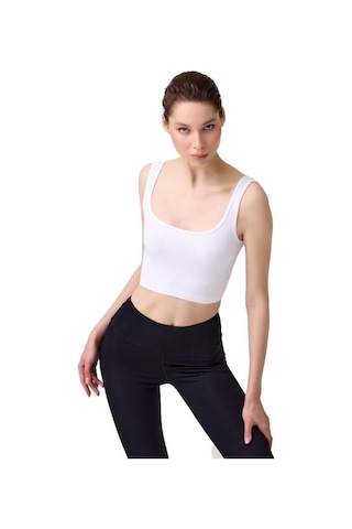 Cottonhill Premium - Kadın Beyaz Seamless Orta Boy Kare Yaka Crop Top Büstiyer Beyaz