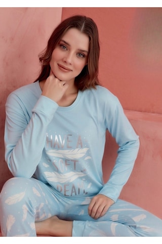 Kadın Baskı Detaylı Uzun Kollu Likralı Pijama Takım Mavi