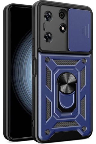 Tecno Spark 10 Pro Kılıf Magnetik Standlı Kamera Korumalı Zore Sürgülü Vega Kapak Mavi