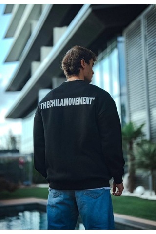 Modi Kışlık Bisiklet Yaka Oversize Baskılı Sweatshirt - Siyah Açık Siyah