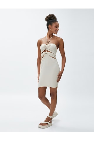 Koton Mini Elbise Halter Yaka Pencere Detaylı Boncuklu Dokulu Bej 3sal80023ık 3SAL80023IK060