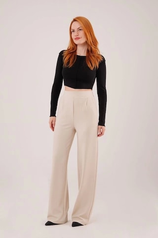 Defymoda Yüksek Bel Bol Paça Krep Krem Pantolon Krem
