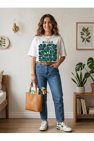 No Rain No Flowers Baskılı Oversize Beyaz Kadın T-shirt Beyaz