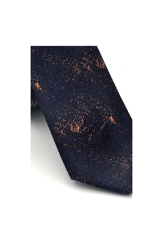 Gaffy Kahverengi Desenli Lacivert Dokuma Kumaş Mendilli Slim Fit Kravat // Sdk-2613-5 Kahverengi