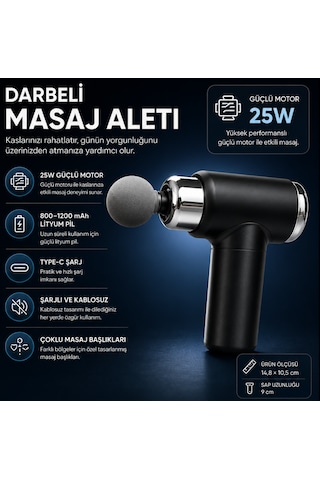 Şarjlı Masaj Tabancası 25w Motor Type-c Şarjlı 9 Farklı Başlıklı Tüm Vücut Masaj Aleti Siyah