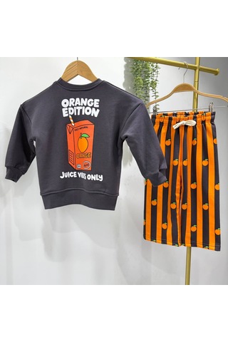 Juice Vibes Only Baskılı Sweatshirt Portakal Desenli Çizgili Alt Üst Takım 3iplik Siyah