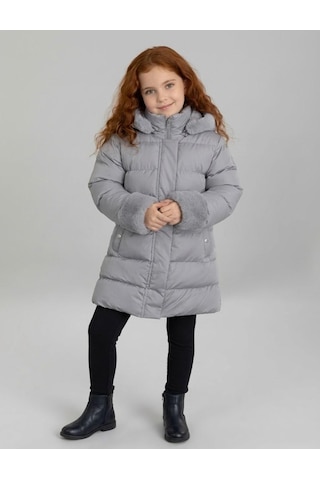 Boutiguestyles Kız Çocuk Şişme Mont Kürklü Gri Sedefli Işıltılı Çıkarılabilir Kapüşonlu Fermuarlı Gri