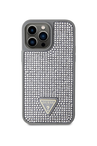 Apple Uyumlu iPhone 14 Pro Max Kılıf Guess Lisanslı Taşlı Arka Yüzey Üçgen Logolu Kapak Gümüş