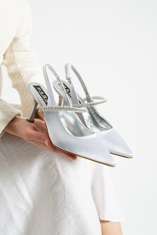 Dabab Shoes Vına Kadın Gümüş Sivri Burun 7 Cm İnce Topuklu Taş Detaylı Bilekten Bantlı Klasik Abiye Ayakkabı
