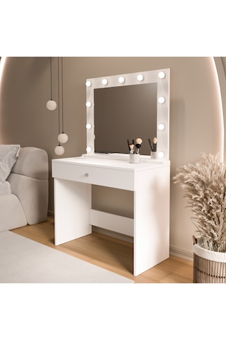 Robin Home Hollywood Makyaj Masası Çekmeceli Hollywood Led Işıklı Raflı Beyaz
