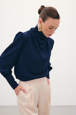 Sateen Drape Detaylı Bluz - Lacivert