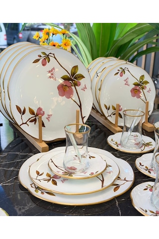 30 Parça Sakura Servis Pasta Çay Takımı Gold-5268 Beyaz