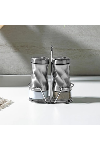 Nehir Burgulu Standlı 2 Parça Paslanmaz Çelik Baharatlık Seti Gri