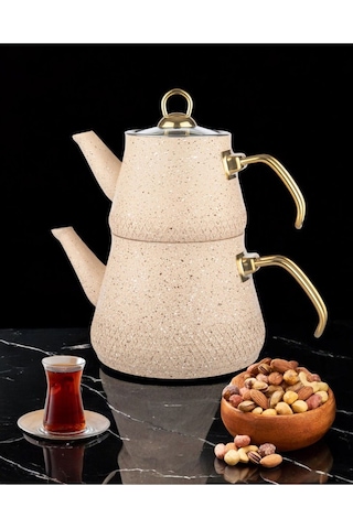 Enashop Granit Kaplama Gold Kulplu Cam Kapak Çaydanlık Krem Krem