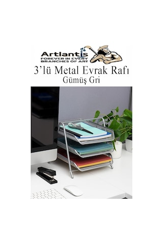 Evrak Rafı Metal 3 Lü Yeşil 1 Paket Masaüstü A4 Dosya Düzenleyici Kağıt Tepsisi Metal Çelik Fileli Üç Katlı Hareketli Açık Yeşil