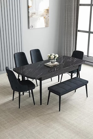 Loft Siyah Mermer 80x132 Açılabilir Mdf Masa Yemek Odası Takımı, Mutfak Takımı 4 Sandalye, 1 Bench Antrasit