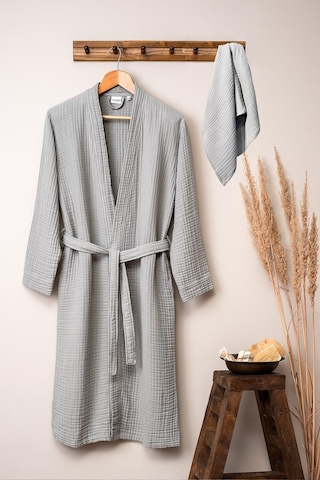 Unisex Kimono Müslin Bornoz + Havlu Seti Gri-grı Gri