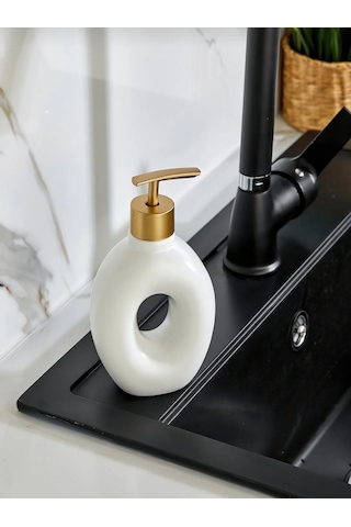 Gold Tasarımlı Lüx Porselen Banyo Ve Mutfak Sıvı Sabunluk Beyaz