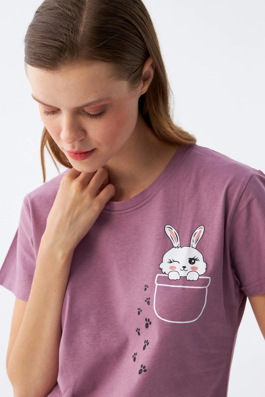 Akbeniz Kadın Mor Patili Tavşan Baskılı Cepli Pijama Takımı Mor