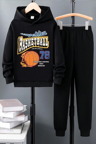Uyguntarz Basketball Baskılı Çocuk Rahat Eşofman Takımı Siyah