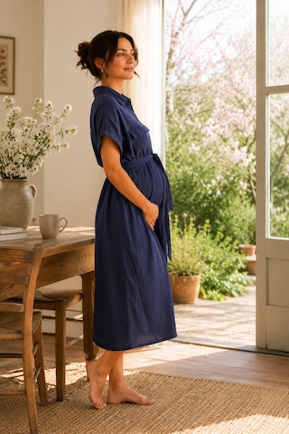 Luvmabelly Myra5861 Doğal Yumuşacık Müslin Kumaş - Yazlık Gömlek Hamile Elbise - Lacivert